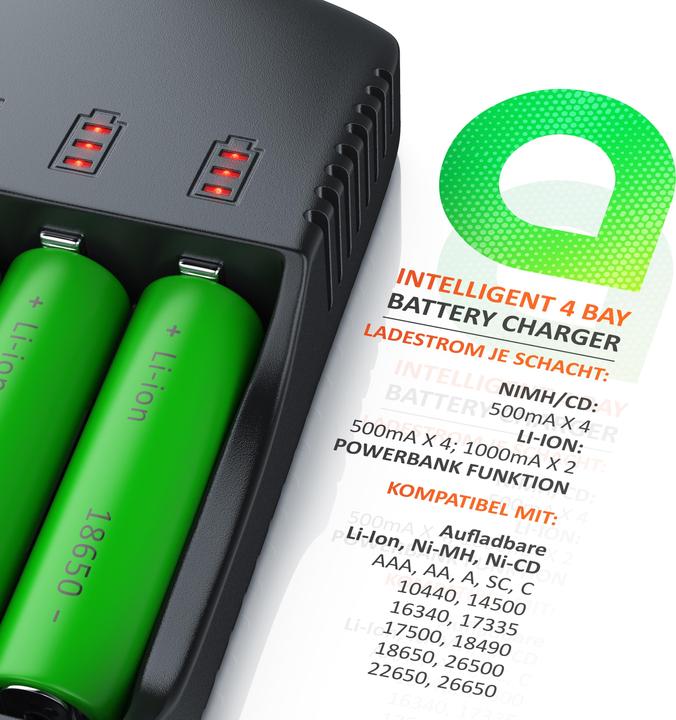 Actual product image Aplic Battery charger 2000 mA, universal battery charger with USB powerbank function, 4x charging slots (A, C, AAA, AA, Chargers without battery)