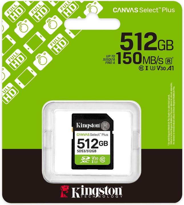 Actual product image Kingston Canvas Select Plus SDXC 512GB Gen3 (512 GB, SDXC, U3, UHS-I)