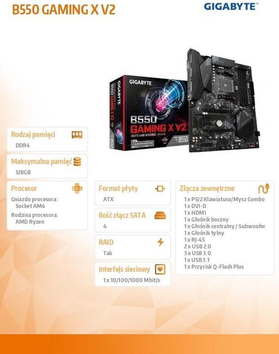 Produktbild Gigabyte B550 GAMING X V2 (AM4, AMD B550, ATX)
