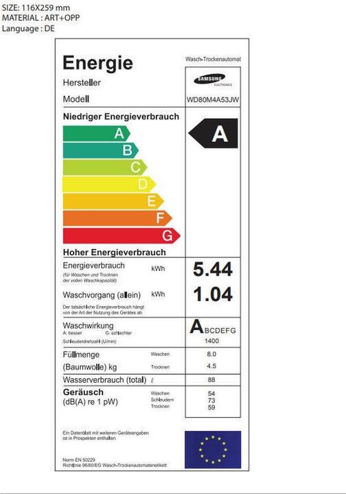Energie-Label Samsung Wd80m4a53jw/Ws