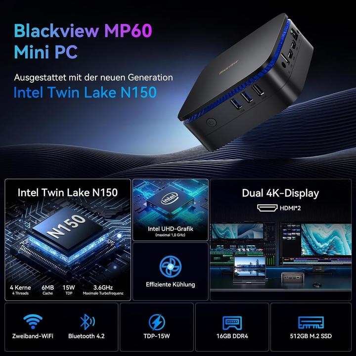Blackview Mini PC MP60 mit Intel Twin Lake N150, 16GB RAM, Windows 11 Pro, erweiterbarer SSD-Speicher (Intel N150, 16 Go, 512 Go)