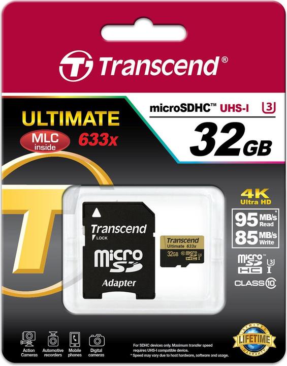 Actual product image Transcend microSDHC Ultimate 633x UHS-I U3 with adapter (32 GB, microSDHC, U3, UHS-I)