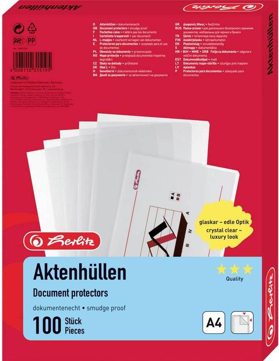 Produktbild Herlitz Dokumentenfolie A4 glasklar 100 Vnt.