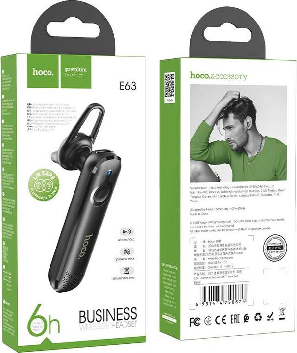 Produktbild Hoco - Bluetooth Headset Diamond (E63) - Bluetooth 5.0, Rotary Ear Hook - Black