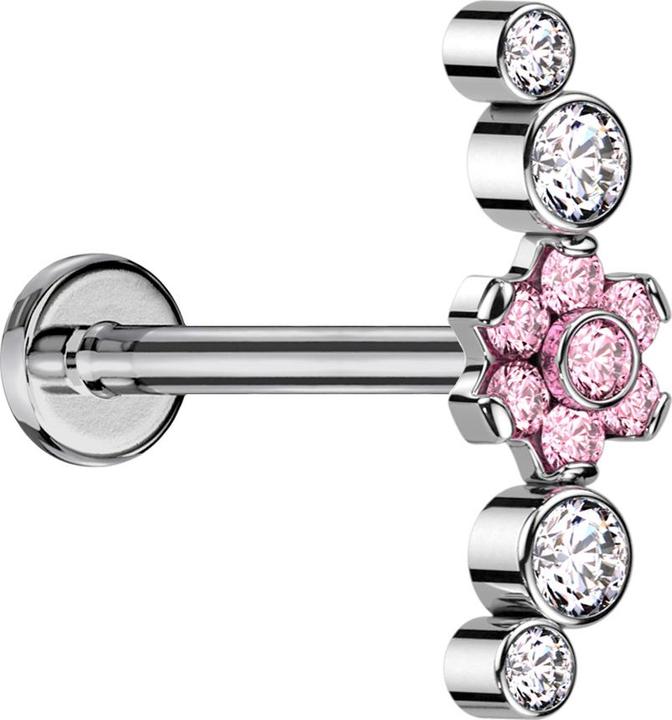 Star Piercing Micro Labret Innengewinde silber Blume Kristalle pink gefasst vier Kristalle silber (ohne Messing, Titan G23)