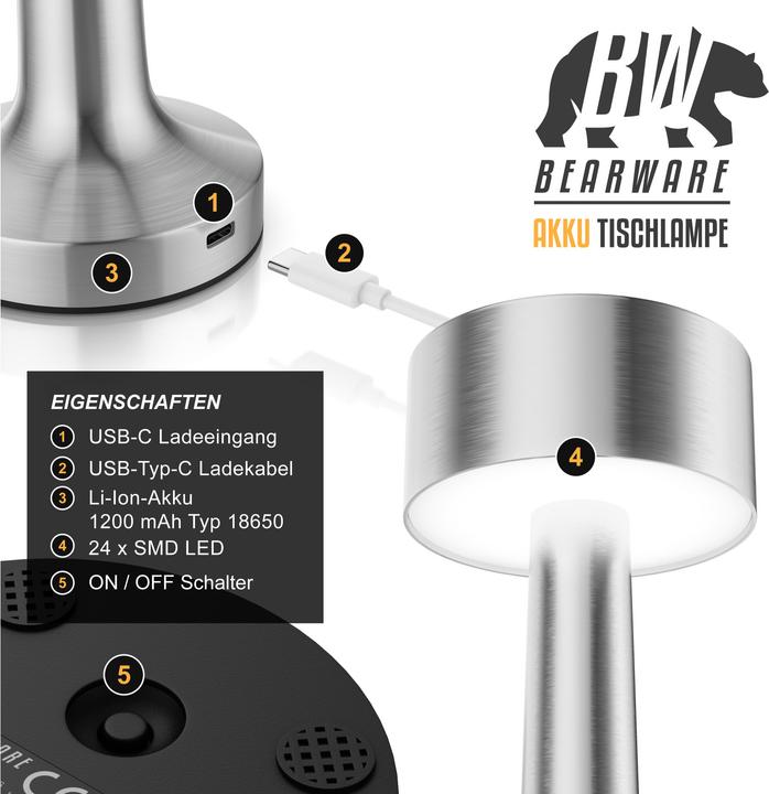 Actual product image Bearware LED Tischleuchte, dimmbar, kabellos, Akku, Touch, Nachttischlampe, Schreibtischlampe, Edelstahl