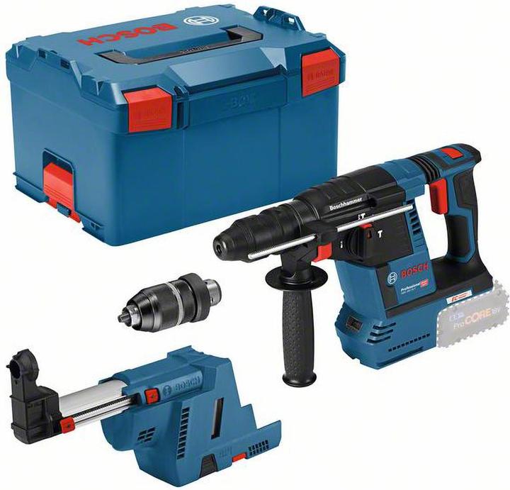 Cordless rotary hammer with SDS plus GBH 18V-26F + GDE, Dust extraction system GDE 18V-16 Professional L-BOXX 238 L-BOXX insert Additional handle Quick-change drill chuck 13 mm depth stop Cleaning cloth