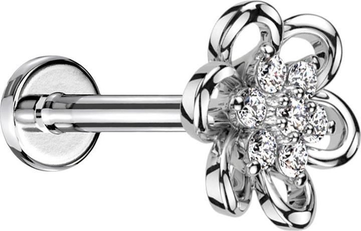 Star Piercing Micro Labret Innengewinde silber hohle Blume Kristalle silber (Chirurgenstahl 316L, ohne Messing)