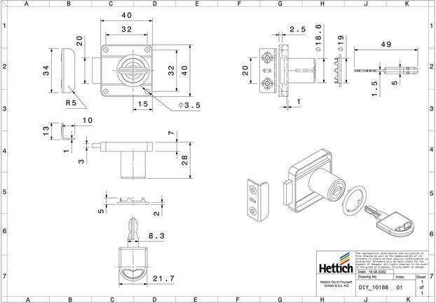 Produktbild Hettich Zylinder-Aufschraubschloss unterschiedlich schlieend Trstrke 13-20 mm Stahl vernickelt
