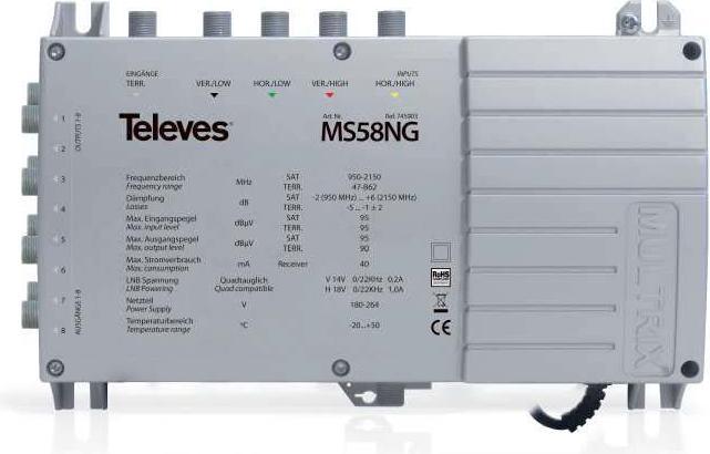 Productafbeelding Televes MS56NG. Kleur van het product: Grijs. Connector: F. Breedte: 204 mm, Diepte: 57 mm, Hoogte: 130 mm. (Multischakelaar)