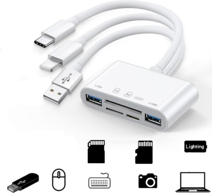 Image du produit Apfelkiste Lecteur de carte Lightning vers SD/MicroSD & adaptateur de charge pour Apple (Lightning, MicroDot, USB Type C, USB-A)