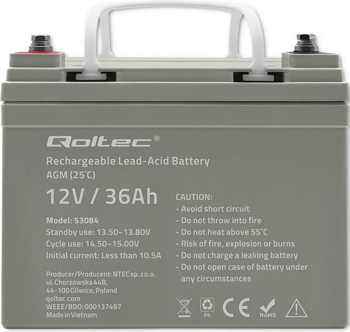 Produktbild Qoltec Akumulator AGM | 12V | 36Ah | max.540A (12 V, 36 Ah)