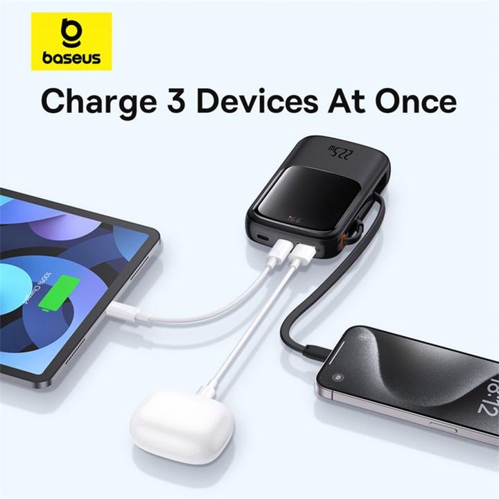 Actual product image Baseus Qpow Pro+ 20000mAh 22.5W powerbank with built-in USB-C cable and display - black (20000 mAh, 22.50 W, 74 Wh)