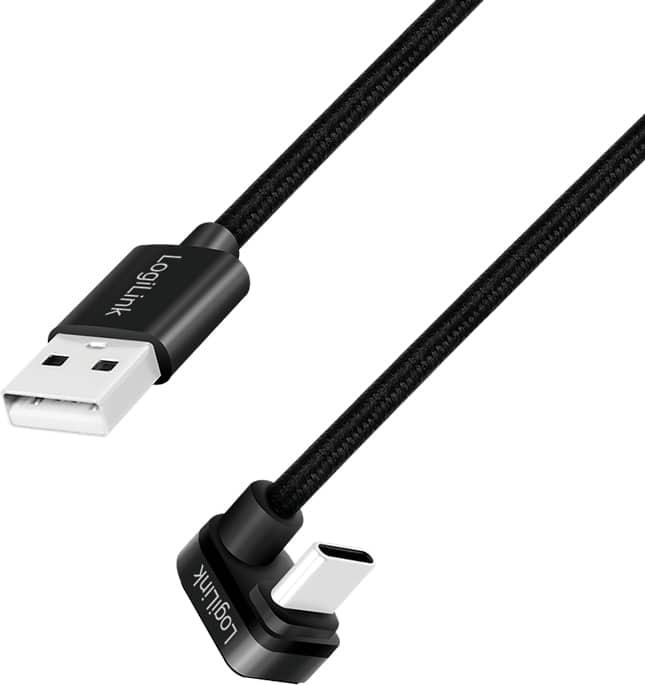 Produktbild LogiLink USB 2.0 Type-C-Kabel, C/M 180° zu USB-A/M, Alu, schwarz, 2 m (2 m, USB 2.0, 20 W)