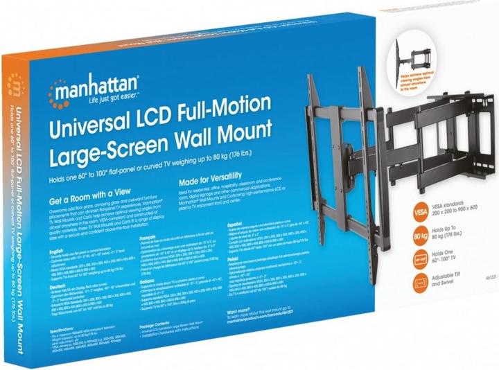 Produktbild Manhattan TV & Monitor Mount, Wall, Full Motion, 1 screen, Screen Sizes: 60-100", Black, V (Wand, 100", 80 kg)