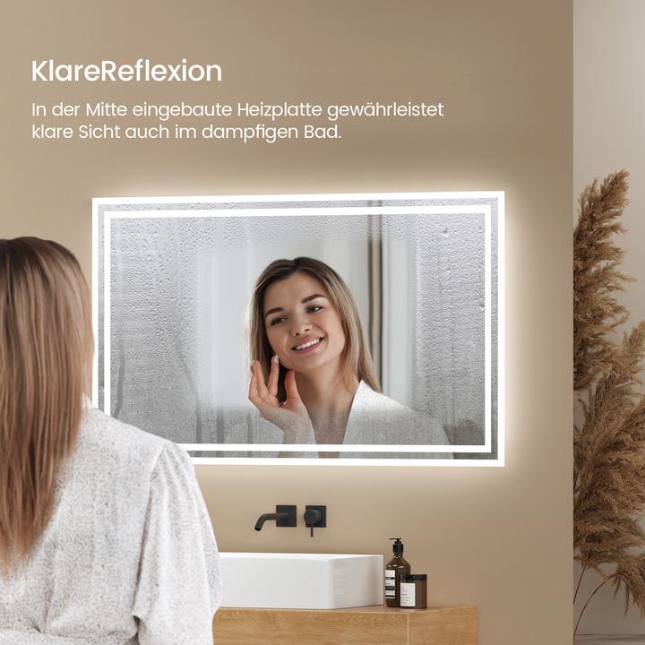 Produktbild Emke Badezimmerspiegel mit Beleuchtung 100*60cm,Beschlagfrei, 3000K/6500K,Tast Schalter (100 x 60 x 35 cm)