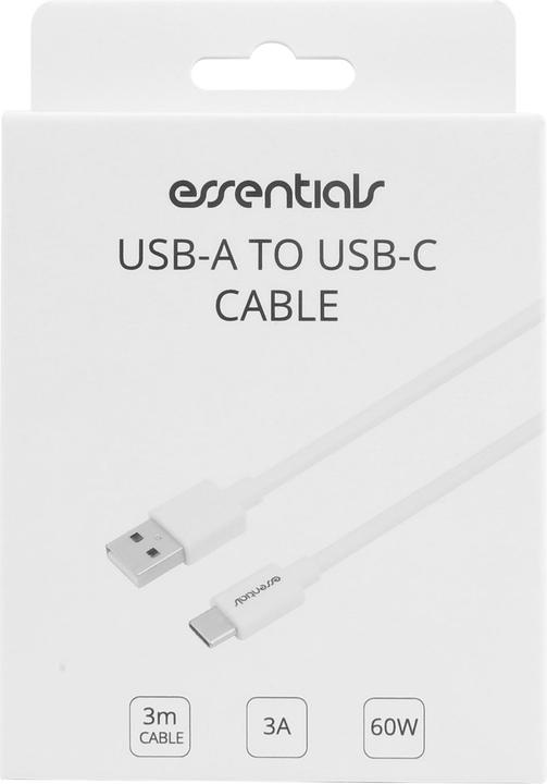 Actual product image Essentials USB-A - USB-C Cable, 3m, White (USB 2.0)