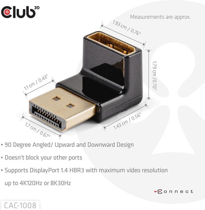 Actual product image Club 3D Club3D Adapter DP > DP 1.4 90° angled 4K@120Hz St/Bu retail (10.50 cm)