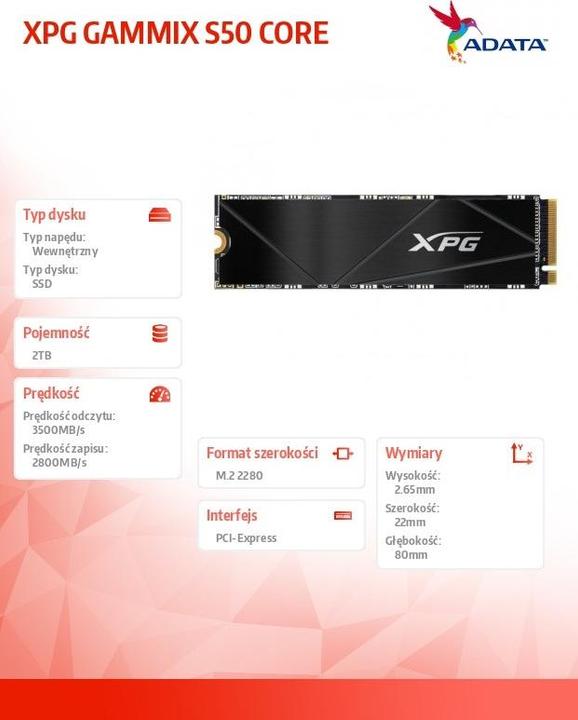 Produktbild Adata SSD 2TB PCI-E NVMe XPG Gammix S50 CORE retail (2000 GB, M.2 2280)
