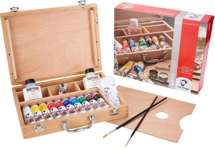 Immagine prodotto Van Gogh Scatola di legno colori acrilici Basic (Bianco, Giallo scuro, Giallo, Verde, Blu, Rosa, Nero, Rosso, Marrone, Blu scuro, 175 ml)