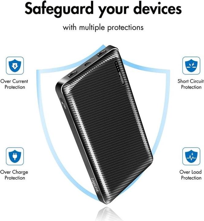 Produktbild LogiLink Powerbank 10000 mAh, 2x USB-A, USB-C, micro-USB, mit Schnellladenfunktion, schwarz (10000 mAh, 12 W, 12 Wh)