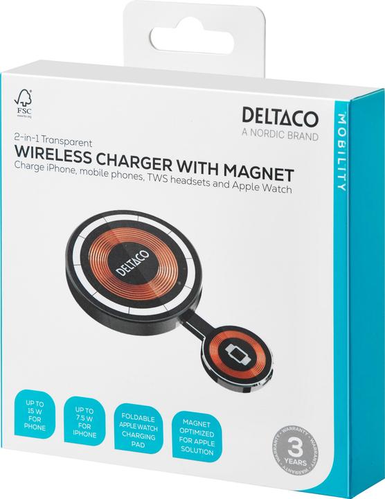 Actual product image Deltaco 2-in-1 wireless charger 15W transparent (7 W)