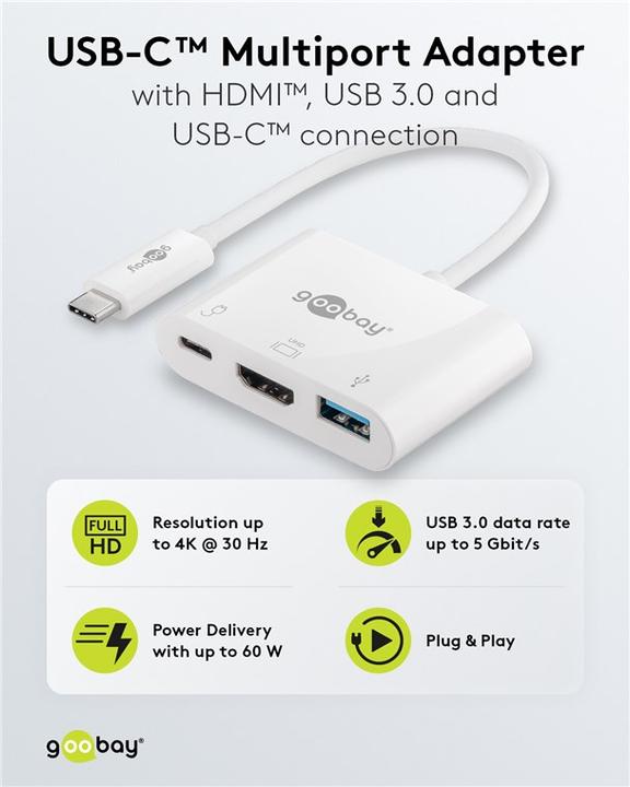 Actual product image Goobay USB-C™ Multiport Adapter HDMI, White, 0.15 m (USB-C, 3 Ports)