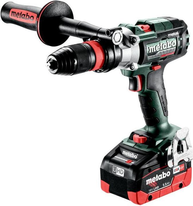 Schnellwechselbohrfutter Futuro Top "QuickPlus", Zusatzhandgriff, Hakenschlüssel, 2 LiHD Akkupacks (18 V/5,5 Ah), Schnellladegerät ASC 145 "AIR COOLED", metaBOX 145 L