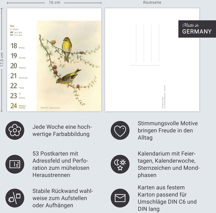 Actual product image Harenberg Vögel Postkartenkalender 2026 - Postkartenkalender mit 53 historischen Zeichnungen (Hardcover, German)