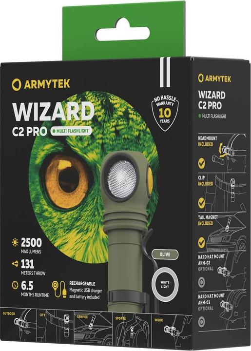 Productafbeelding ArmyTek Wizard C2 Pro Olijf Witte LED zaklamp met riemclip op batterijen 2500lm 115g (11.20 cm, 2500 lm)