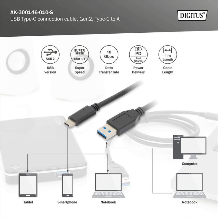 Produktbild Digitus USB C – USB A (1 m, USB 3.1)