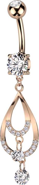 Star Piercing Banane rosegold mit zwei Kugeln Kristall silber Anhänger zwei Tropfen mit Kristallen (Messing, Chirurgenstahl 316L)