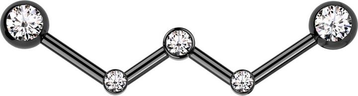 Star Piercing Barbell schwarz gewinkelt drei Kristalle silber mit zwei Kugeln schwarz Kristall silber (ohne Messing, Chirurgenstahl 316L)