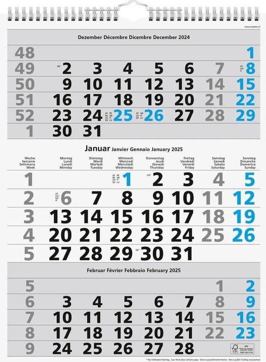 Image du produit Simplex Calendrier mural 3 mois 2025 970006.25 3M/1S bleu 31x40cm (40 x 31 cm, Allemand)