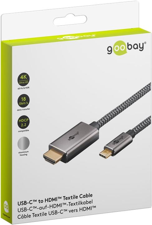 Immagine prodotto Goobay USB-C-auf-HDMI-Textilkabel 4K @ 60 Hz, 1 m, schwarzsilber (1 m, USB tipo C)
