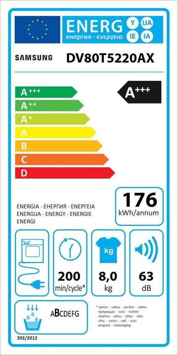 Label énergétique Samsung DV80T5220AX/S5 DV5000 (8 kg, Droite)