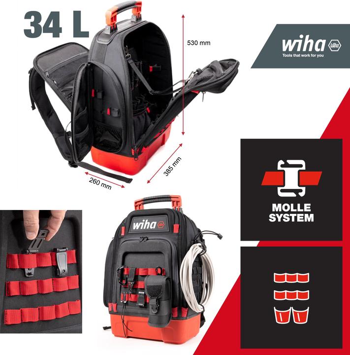 Produktbild Wiha Elektriker Werkzeugrucksack 27tlg Elektriker Grundausstattung stabiler Standboden Laptopfach (27 Teile)
