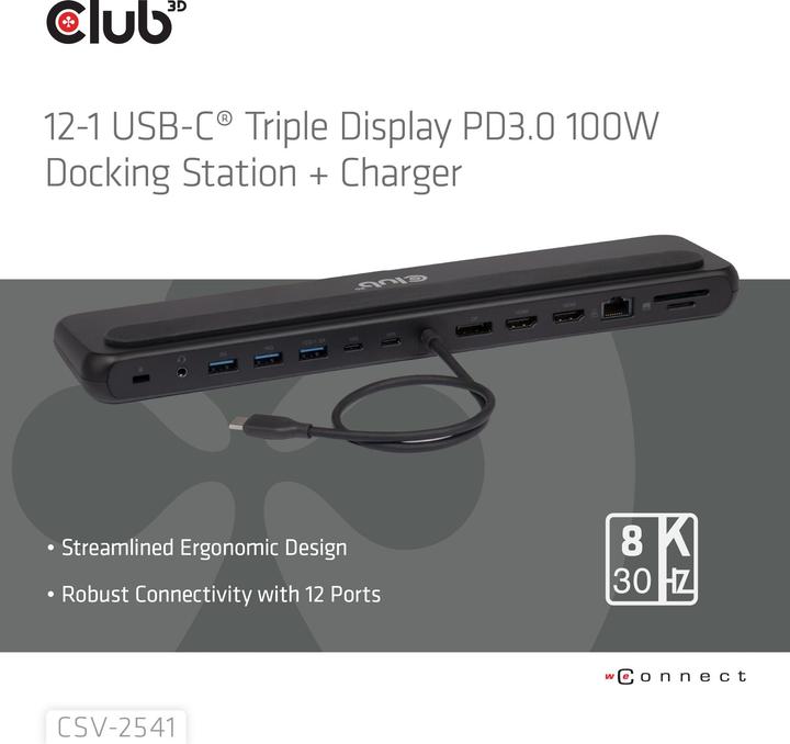 Produktbild Club 3D Club3D USB-C 12in1-Dock >DP1.4/2xHDMI/2xUSB-C/ 8K30Hz PD100W retail (Docking Port, 12 Ports)