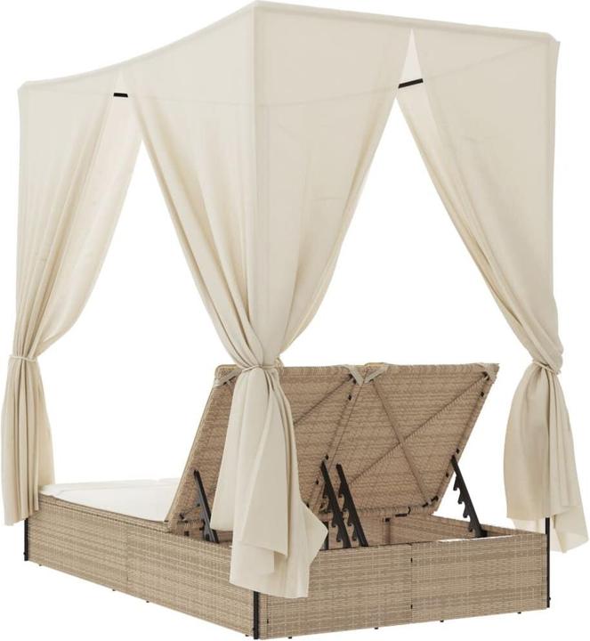 Produktbild VidaXL Doppelliege Sonnenliege Gartenliege mit Dach Vorhängen Beige Poly Rattan (114 cm)