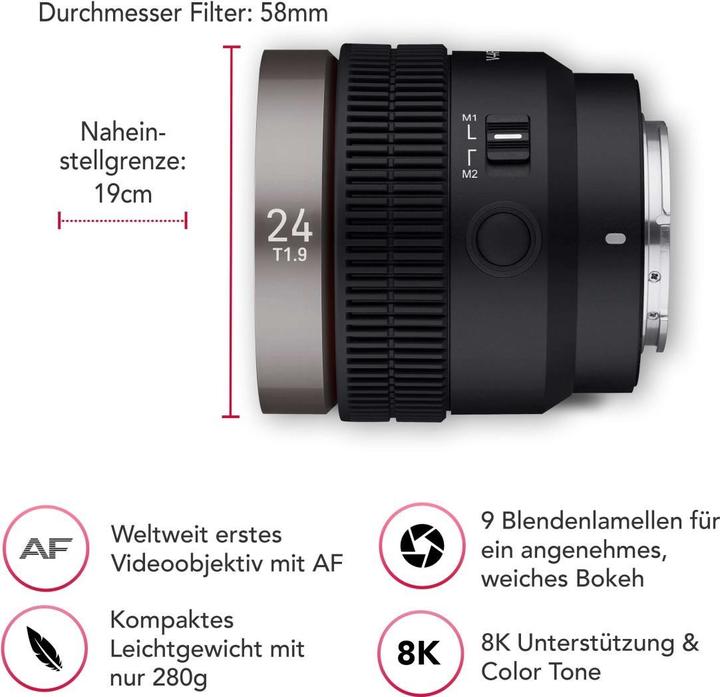 Image du produit Samyang V-AF 24mm T1.9, Sony E (Sony E, APS-C / DX, Plein format)