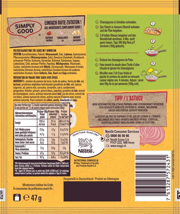 Nährwerte und Zutaten Maggi Zürcher Geschnetzeltes (47 g)