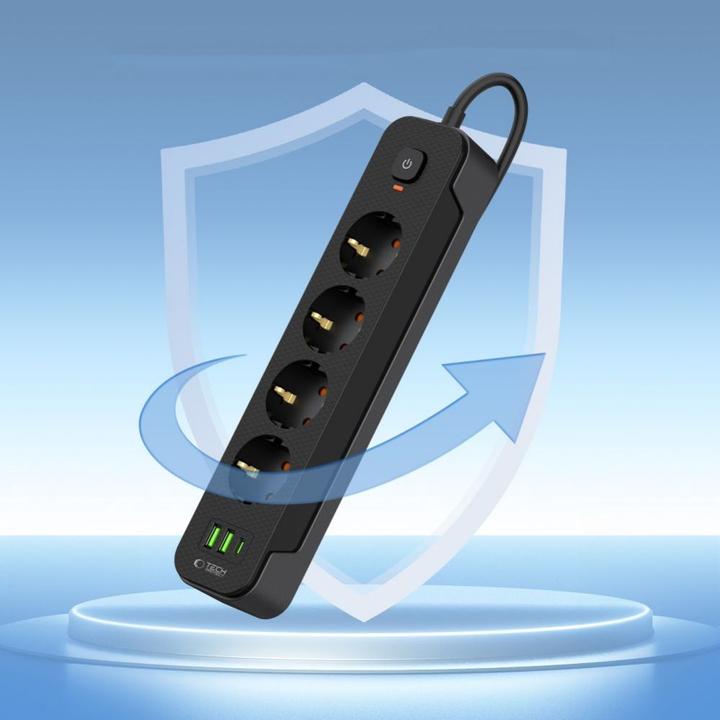 Actual product image Tech-Protect PCL4X3 Power Strip 4 Sockets 240V + 2xUSB-A + 1xUSB-C 200 cm - Black (2 x, USB-A, USB-C, 2 m)