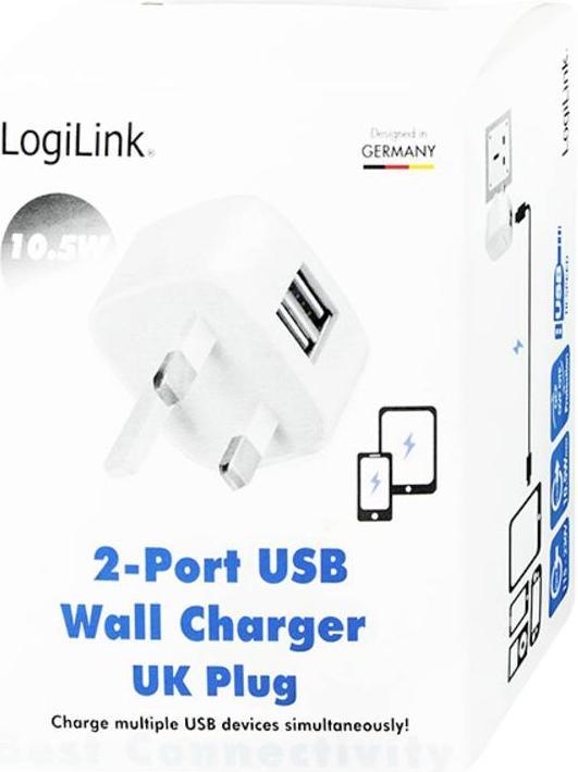 Image du produit LogiLink Adaptateur de prise USB anglais, 2x port USB, 10,5W, blanc (10.50 W)