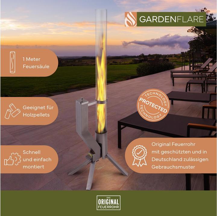 Actual product image Gardenflare Feuerrohr – elegante Edelstahl Feuersäule und Pelletfackel - silber (106 cm)
