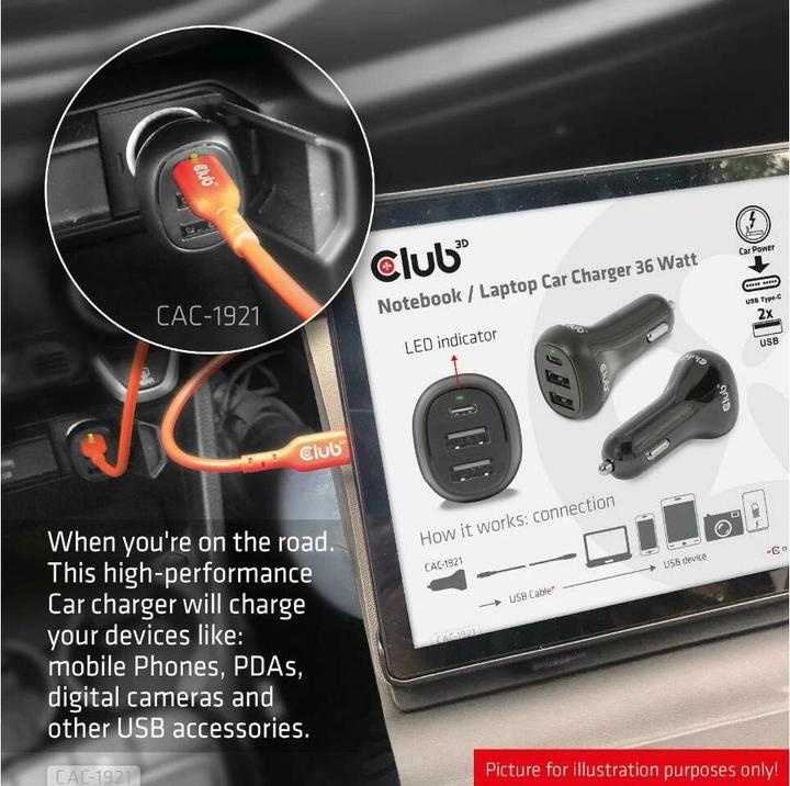 Actual product image Club 3D Club3D USB Car Charger 1xUSB C, 2xUSB A, 36W, 12/24V retail