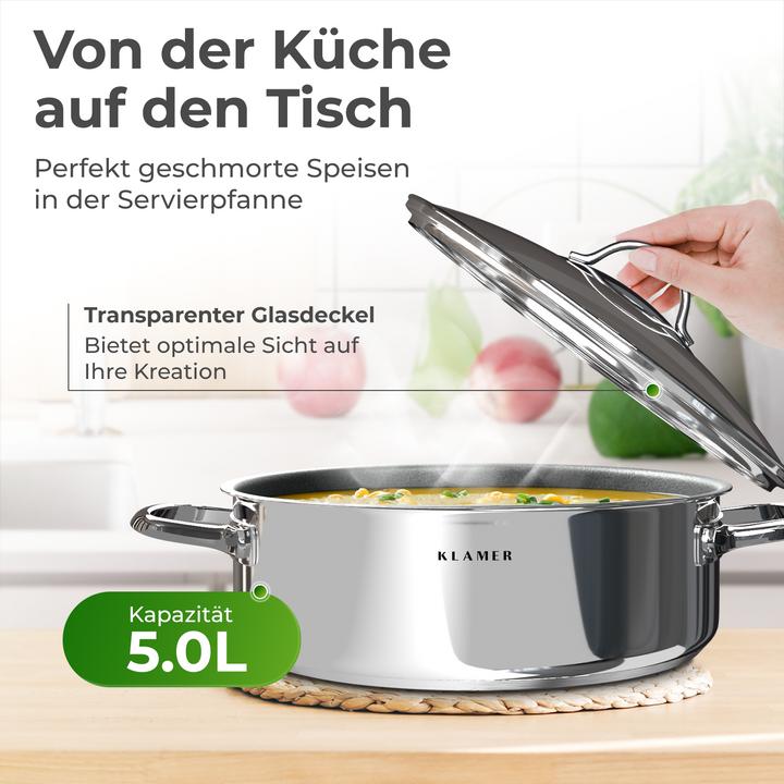 Produktbild KLAMER 28cm Induktion Servierpfanne, Antihaft, Backofenfest, inkl. Deckel (28 cm, Bräter + Schmortopf, Edelstahl)