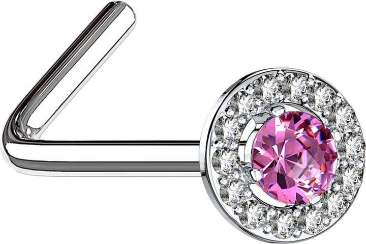 Star Piercing Nasenstecker gewinkelt silber Kristallkreis mit grossem Kristall pink (Messing, Chirurgenstahl 316L)