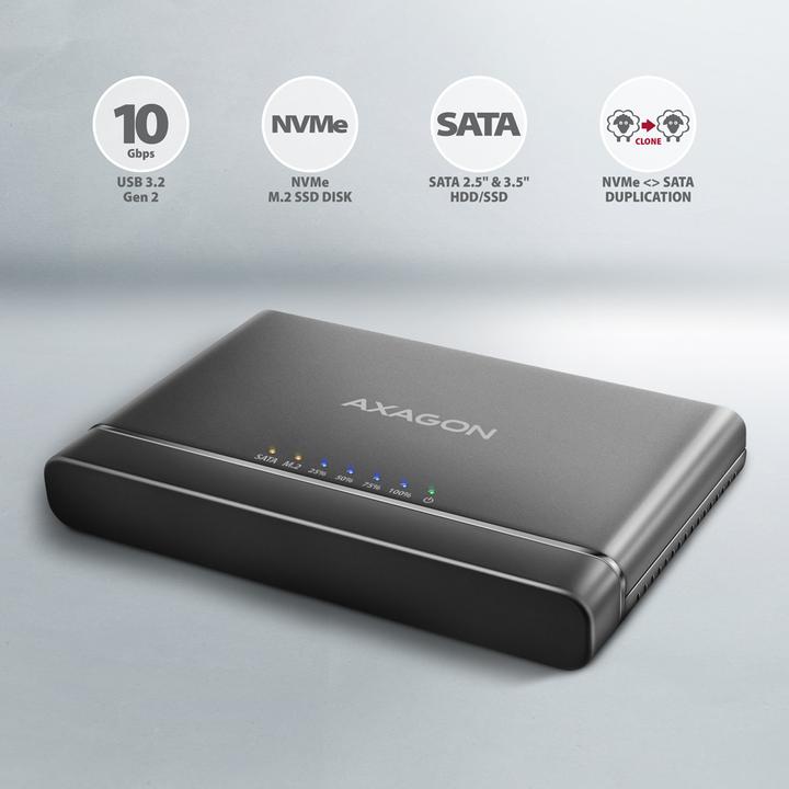 Actual product image Axagon ADSA-CC USB-C - NVMe M.2 SSD & SATA 2.5"/3.5" SSD/HDD CLONE MASTER (M.2 2280, M.2 2260)