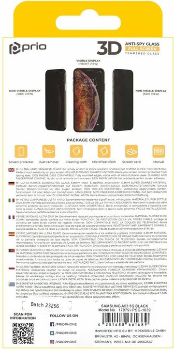 Immagine prodotto prio Vetro temperato 3D anti-spia per Samsung A53 5G nero (1 Pezzo/i, Samsung Galaxy A53 5G)