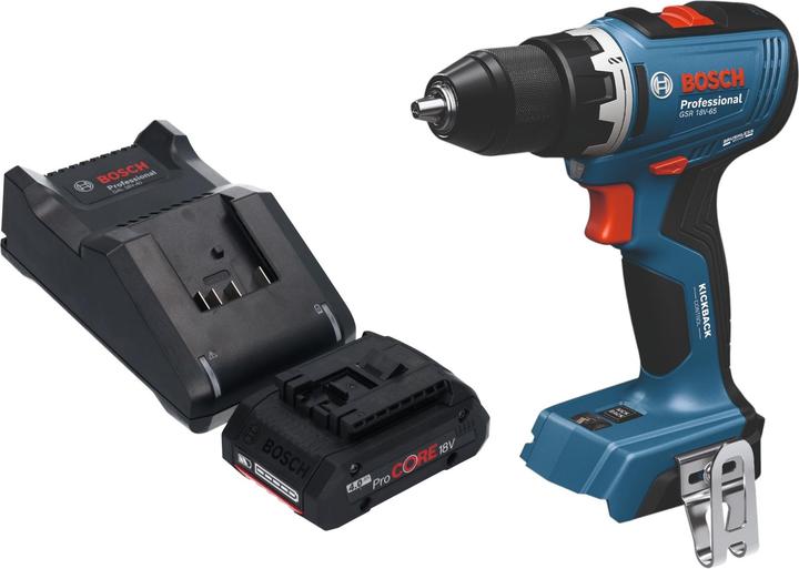1x Bosch GSB 18V-65 Professional Akku Schlagbohrschrauber, 1x Bosch ProCORE 18 V 4,0 Ah Professional Akku, 1x Bosch GAL 18V-40 Ladegerät
